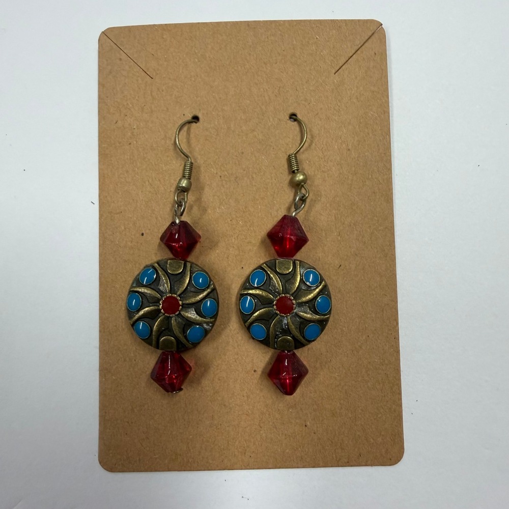 Boho Bronze Red Turquoise Beaded Drop Earrings Vintage Style Medallion Dangle
